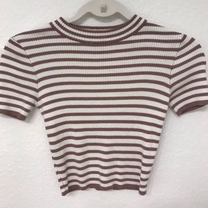 Cropped Striped Knit Turtleneck Tee
